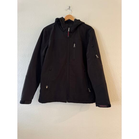 Guess Men's Soft Shell Hooded Jacket Size S Black Full Zip Long Sleeve Pocket - Picture 2 of 10